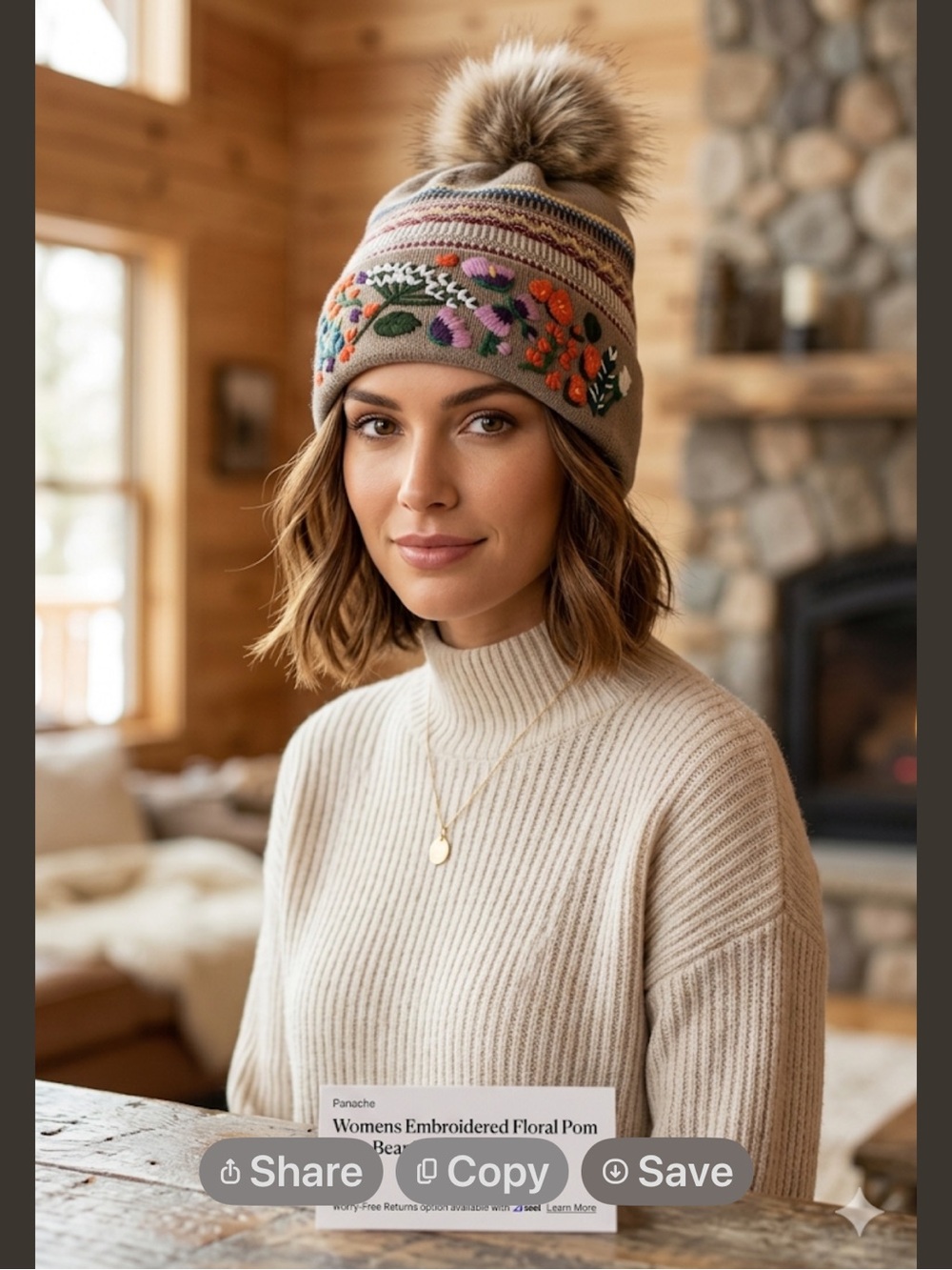 Womens Embroidered Floral Pom Pom Beanie - Taupe